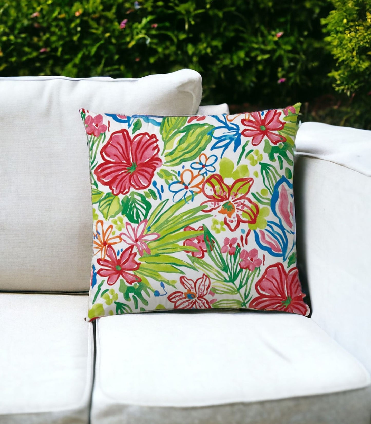 20" Green and White Floral Indoor Outdoor Throw Pillow Cover and Insert