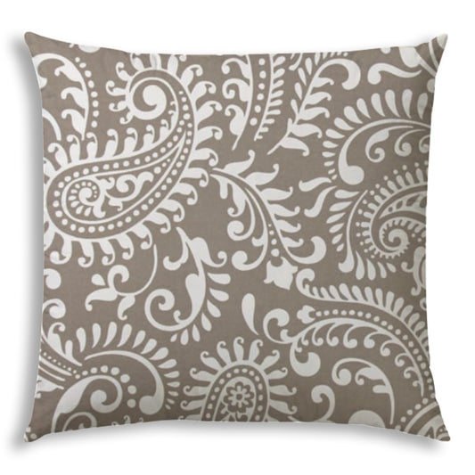 20" X 20" Taupe And White Blown Seam Paisley Throw Indoor Outdoor Pillow