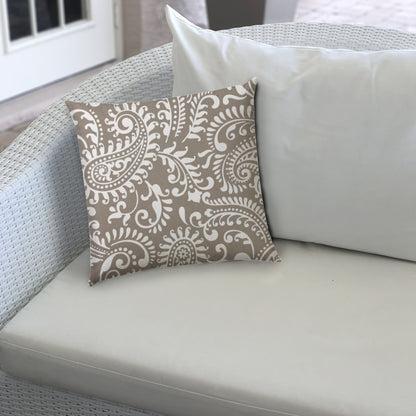 20" X 20" Taupe And White Blown Seam Paisley Throw Indoor Outdoor Pillow