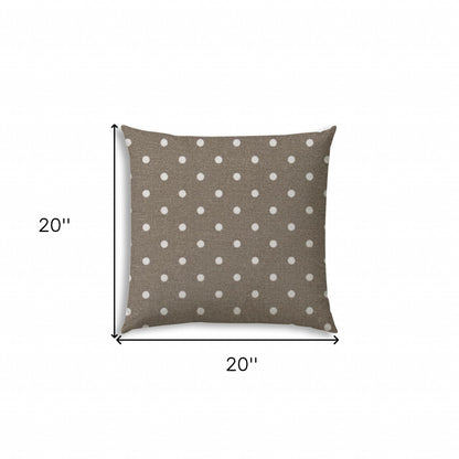 20" X 20" Taupe And White Blown Seam Polka Dots Throw Indoor Outdoor Pillow