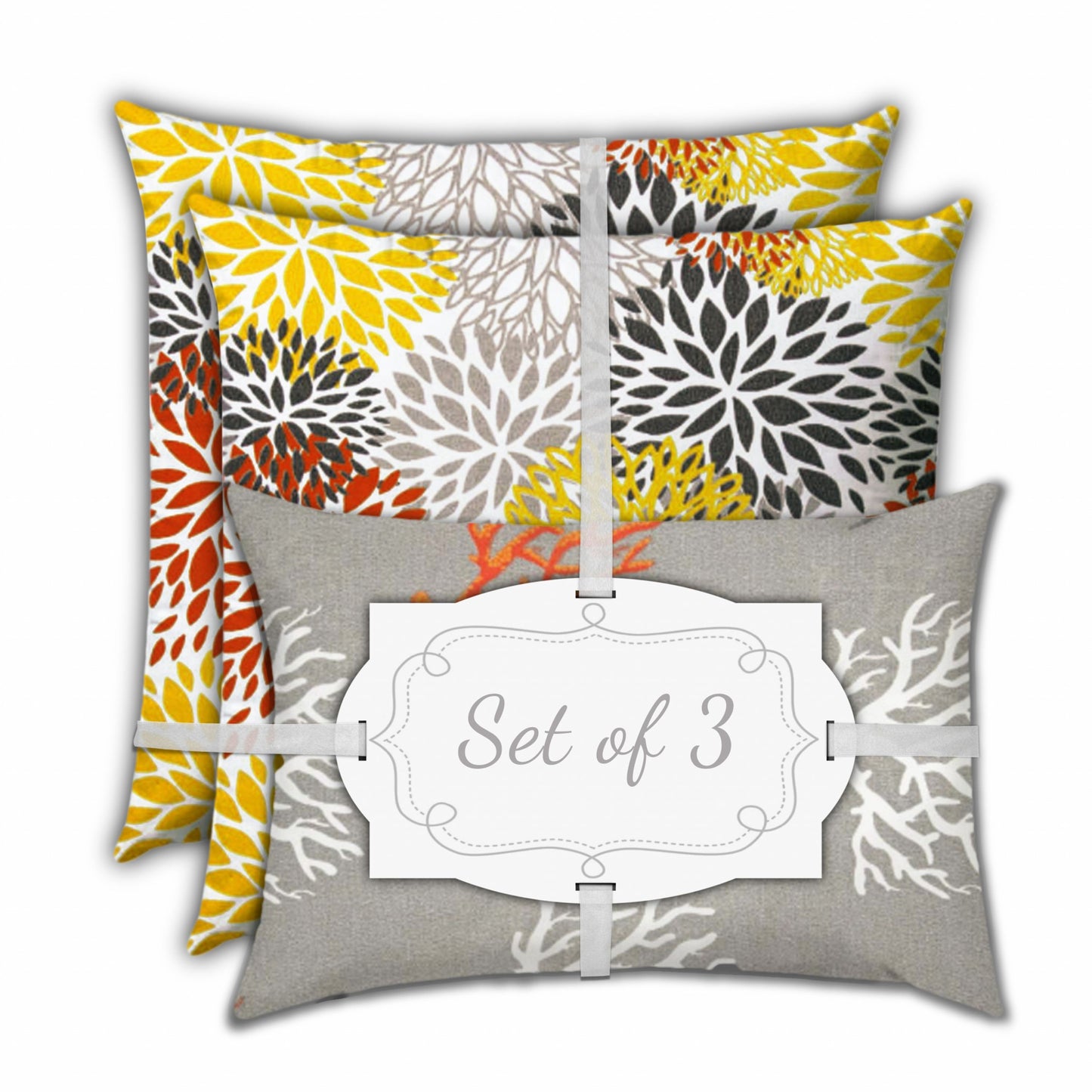 Set Of Three 18" X 18" Gray And White Blown Seam Floral Throw Indoor Outdoor Pillow