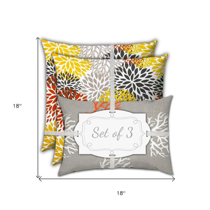 Set Of Three 18" X 18" Gray And White Blown Seam Floral Throw Indoor Outdoor Pillow