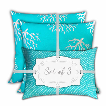 Set Of Three 18" X 18" Ocean Blue And White Corals Blown Seam Coastal Throw Indoor Outdoor Pillow