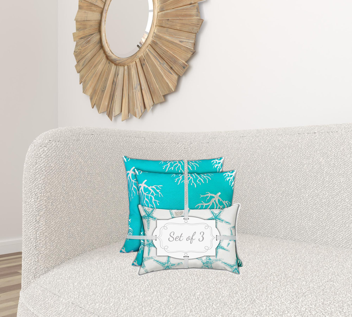 Set Of Three 18" X 18" Ocean Blue And White Corals Blown Seam Coastal Throw Indoor Outdoor Pillow