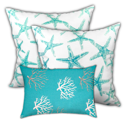 Set Of Three 18" X 18" Ocean Blue And White Starfish Blown Seam Coastal Throw Indoor Outdoor Pillow