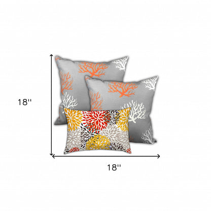 Set Of Three 18" X 18" Gray And White Corals Zippered Coastal Throw Indoor Outdoor Pillow