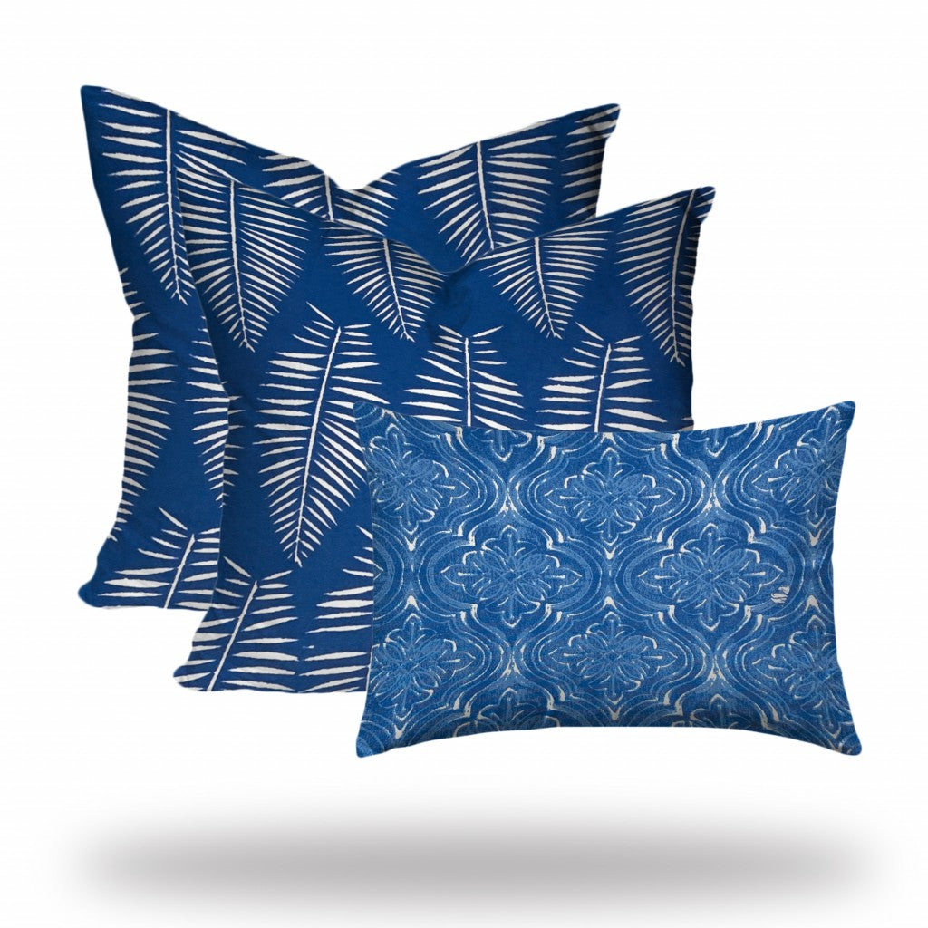 Set Of Three 20" X 20" Blue And White Blown Seam Coastal Throw Indoor Outdoor Pillow