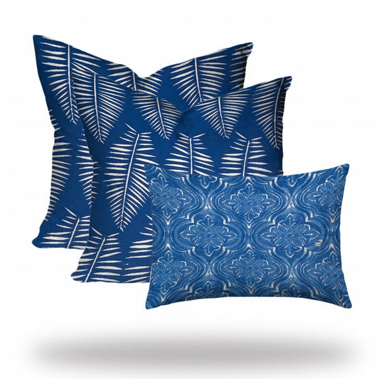 Set Of Three 20" X 20" Blue And White Zippered Coastal Throw Indoor Outdoor Pillow Cover