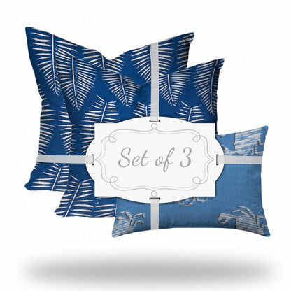 Set Of Three 20" X 20" Blue And White Crab Blown Seam Coastal Throw Indoor Outdoor Pillow