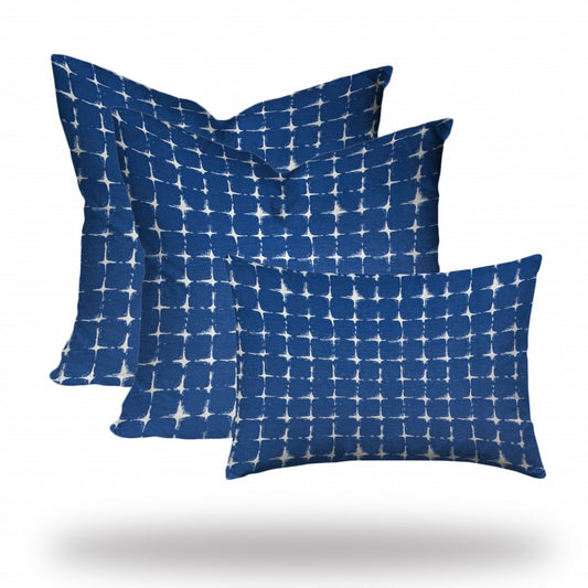 Set Of Three 20" X 20" Blue And White Enveloped Gingham Throw Indoor Outdoor Pillow Cover