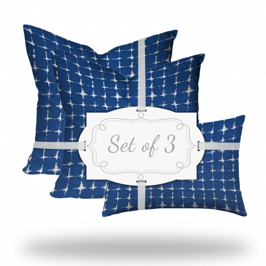 Set Of Three 20" X 20" Blue And White Enveloped Gingham Throw Indoor Outdoor Pillow