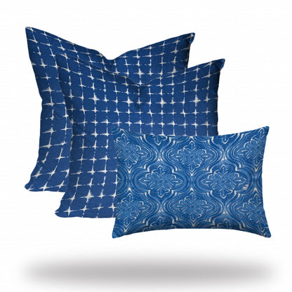 Set Of Three 20" X 20" Blue And White Enveloped Gingham Throw Indoor Outdoor Pillow