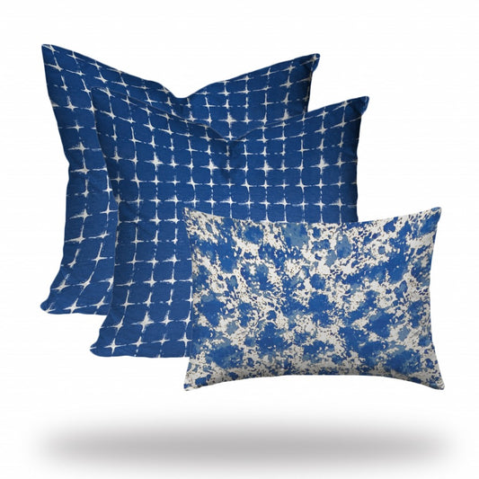 Set Of Three 20" X 20" Blue And White Blown Seam Coastal Throw Indoor Outdoor Pillow