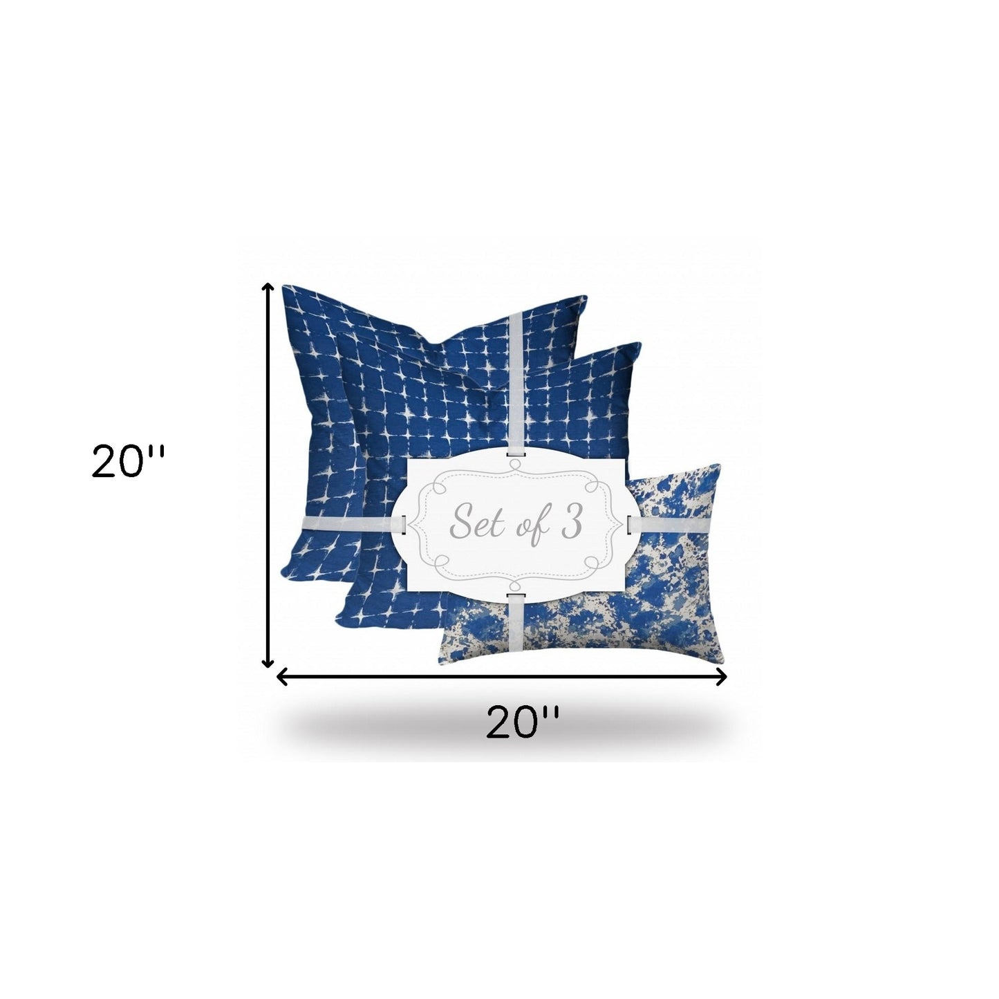 Set Of Three 20" X 20" Blue And White Enveloped Coastal Throw Indoor Outdoor Pillow