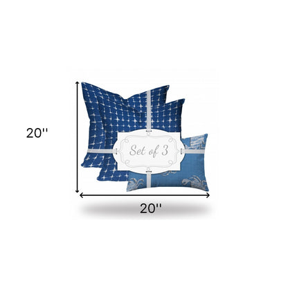 Set Of Three 20" X 20" Blue And White Crab Blown Seam Coastal Throw Indoor Outdoor Pillow