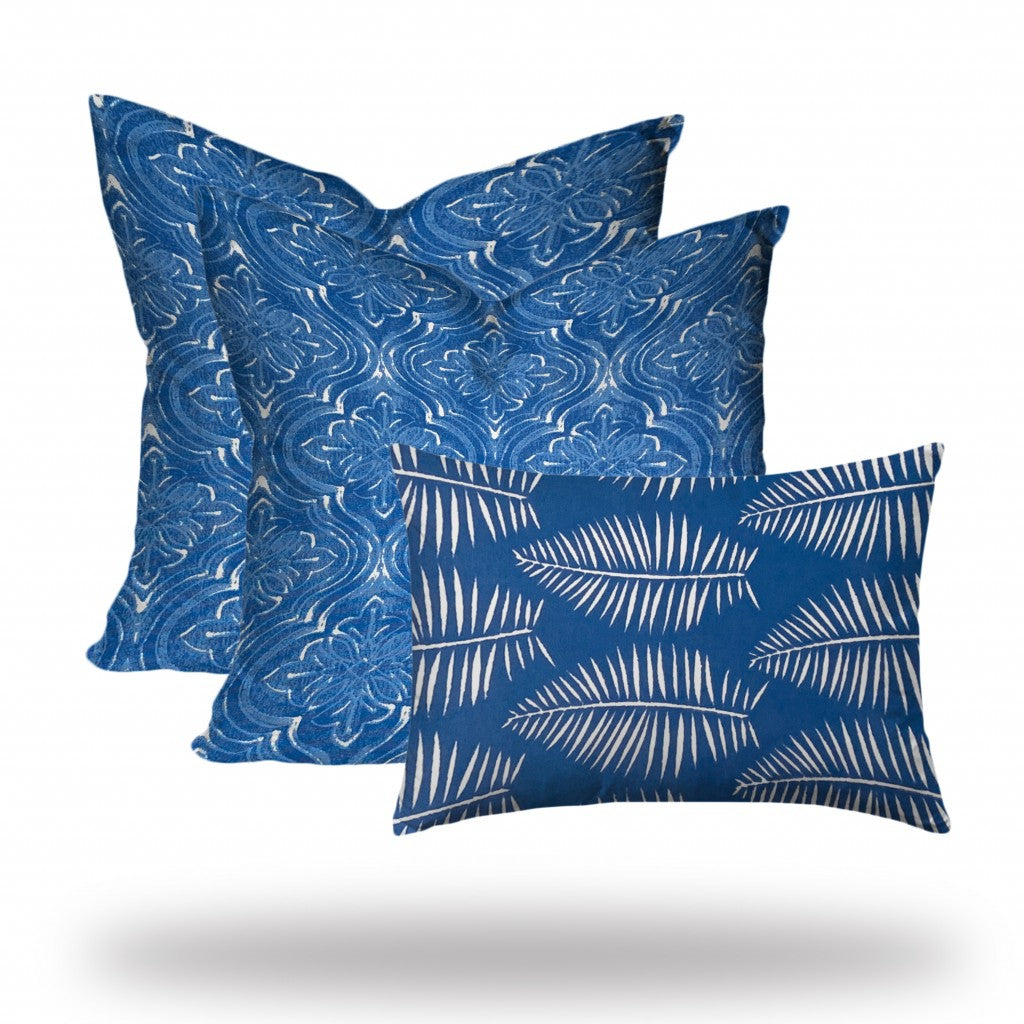 Set Of Three 20" X 20" Blue And White Enveloped Coastal Throw Indoor Outdoor Pillow Cover