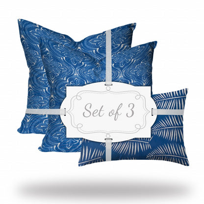 Set Of Three 20" X 20" Blue And White Enveloped Coastal Throw Indoor Outdoor Pillow