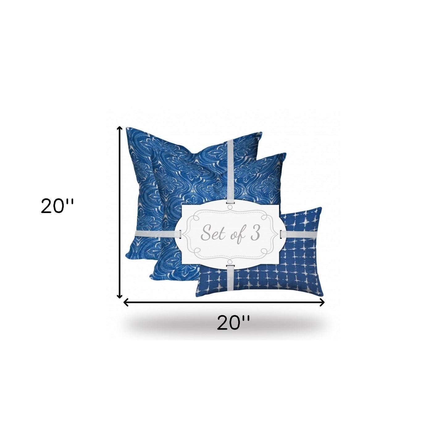 Set Of Three 20" X 20" Blue And White Enveloped Coastal Throw Indoor Outdoor Pillow Cover