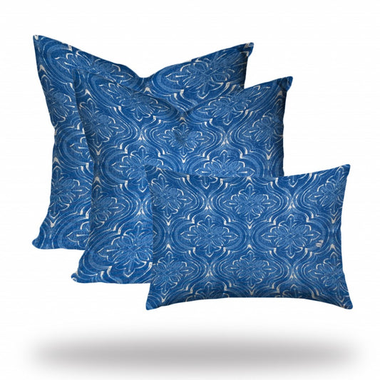 Set Of Three 20" X 20" Blue And White Zippered Coastal Throw Indoor Outdoor Pillow