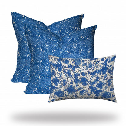 Set Of Three 20" X 20" Blue And White Enveloped Coastal Throw Indoor Outdoor Pillow Cover