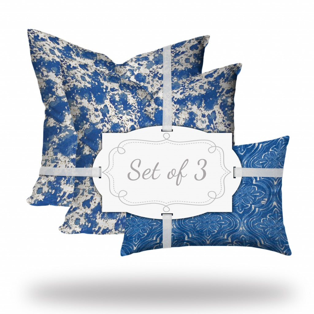 Set Of Three 20" X 20" Blue And White Enveloped Coastal Throw Indoor Outdoor Pillow Cover