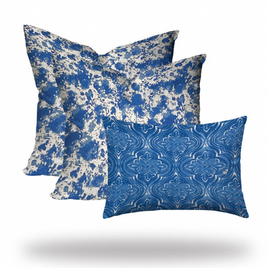 Set Of Three 20" X 20" Blue And White Enveloped Coastal Throw Indoor Outdoor Pillow