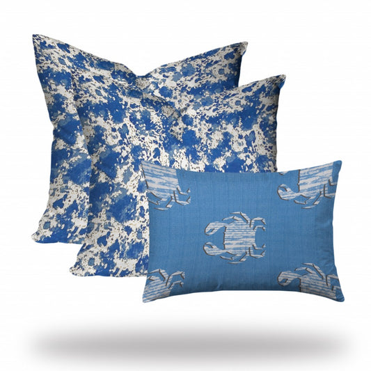 Set of 3 Blue Crab Indoor Outdoor Sewn Closed Pillows