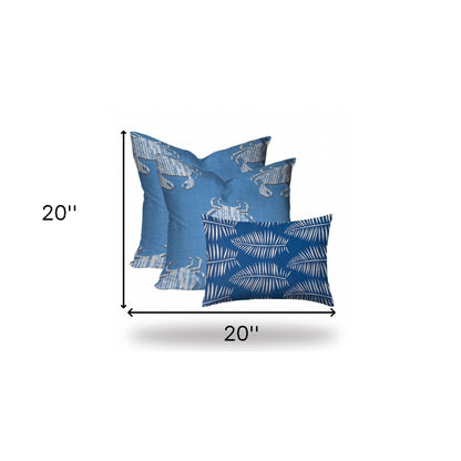 Set Of Three 20" X 20" Blue And White Crab Enveloped Coastal Throw Indoor Outdoor Pillow Cover