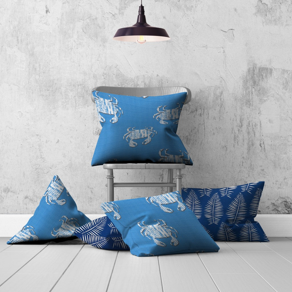 Set Of Three 20" X 20" Blue And White Crab Enveloped Coastal Throw Indoor Outdoor Pillow