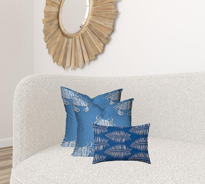 Set Of Three 20" X 20" Blue And White Crab Enveloped Coastal Throw Indoor Outdoor Pillow