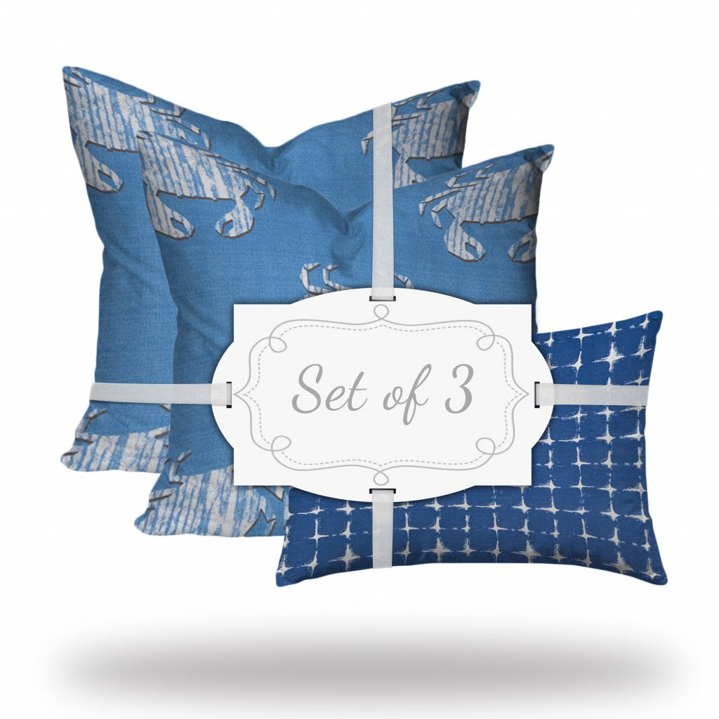 Set Of Three 20" X 20" Blue And White Crab Blown Seam Coastal Throw Indoor Outdoor Pillow