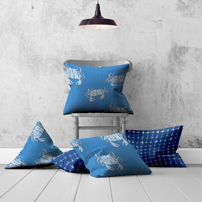 Set Of Three 20" X 20" Blue And White Crab Enveloped Coastal Throw Indoor Outdoor Pillow Cover