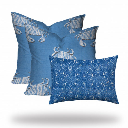 Set Of Three 20" X 20" Blue And White Crab Enveloped Coastal Throw Indoor Outdoor Pillow