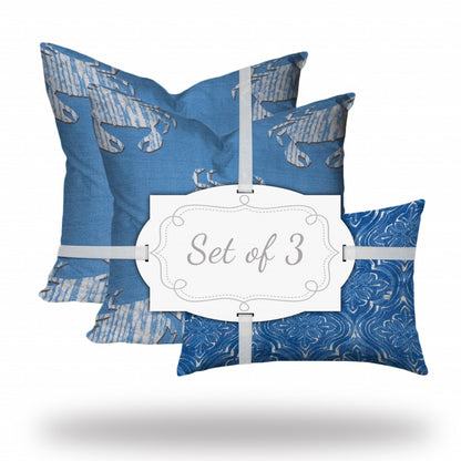 Set Of Three 20" X 20" Blue And White Crab Zippered Coastal Throw Indoor Outdoor Pillow Cover