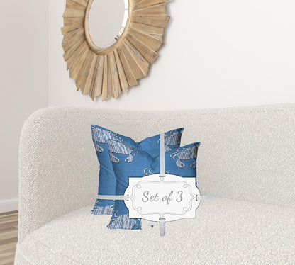 Set Of Three 20" X 20" Blue And White Crab Zippered Coastal Throw Indoor Outdoor Pillow Cover