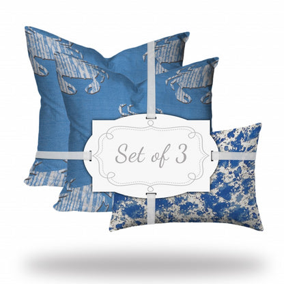 Set Of Three 20" X 20" Blue And White Crab Blown Seam Coastal Throw Indoor Outdoor Pillow