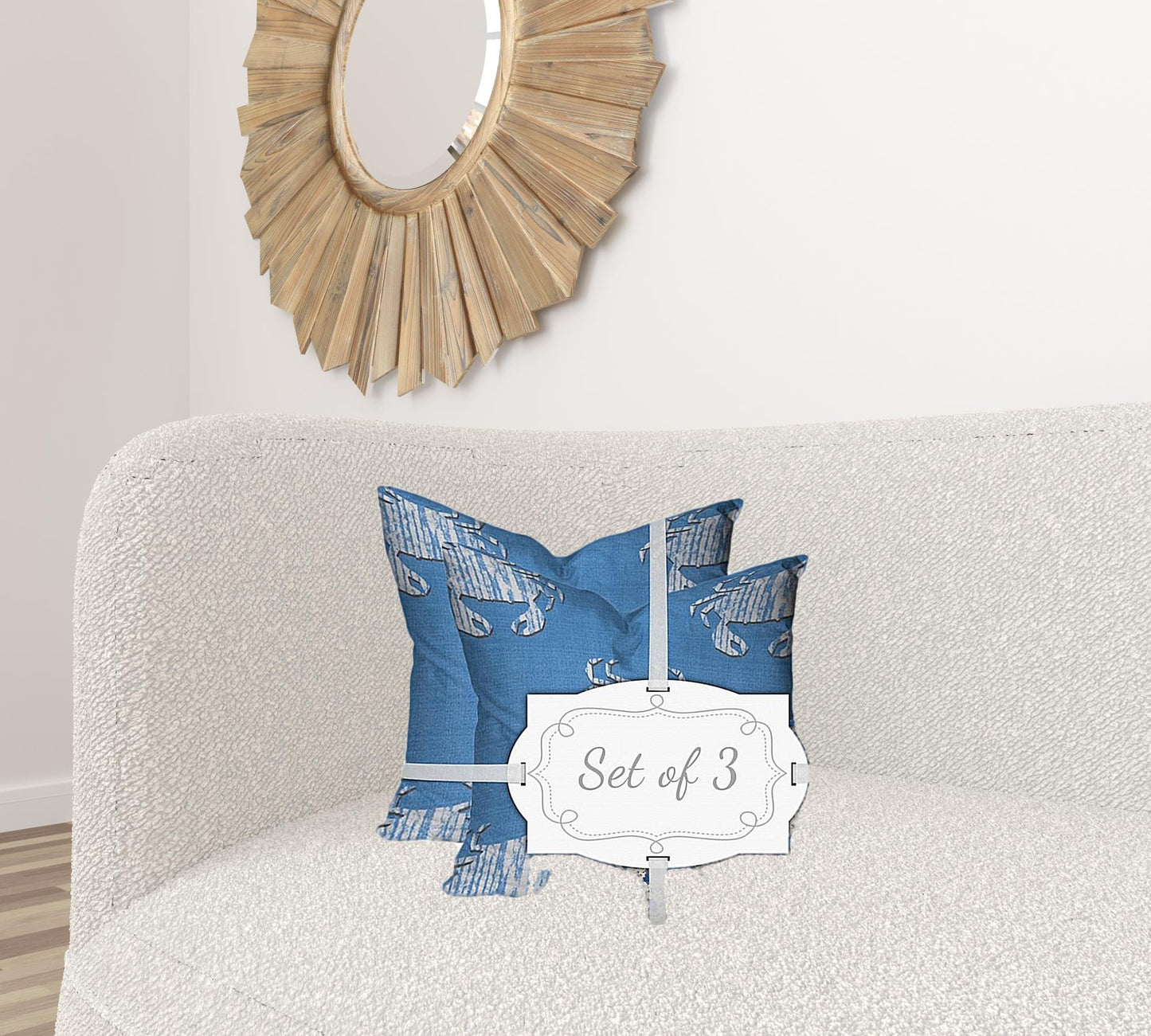 Set Of Three 20" X 20" Blue And White Crab Enveloped Coastal Throw Indoor Outdoor Pillow Cover