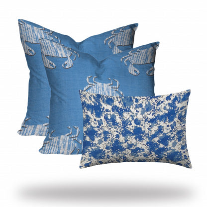 Set Of Three 20" X 20" Blue And White Crab Enveloped Coastal Throw Indoor Outdoor Pillow