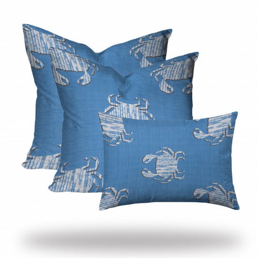 Set Of Three 20" X 20" Blue And White Crab Blown Seam Coastal Throw Indoor Outdoor Pillow