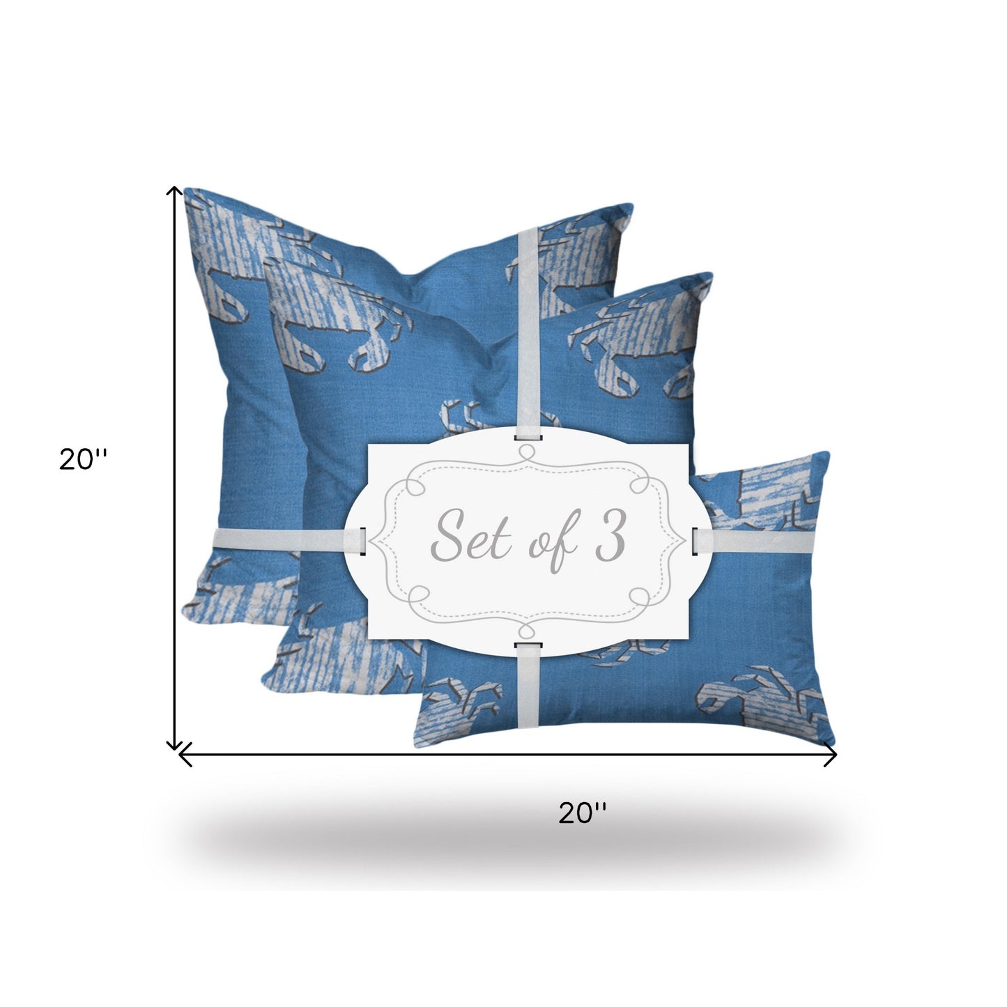 Set Of Three 20" X 20" Blue And White Crab Enveloped Coastal Throw Indoor Outdoor Pillow Cover