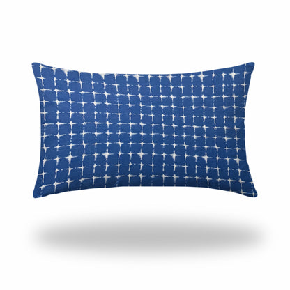 12" X 16" Blue And White Blown Seam Gingham Lumbar Indoor Outdoor Pillow