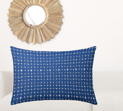 12" X 16" Blue And White Blown Seam Gingham Lumbar Indoor Outdoor Pillow