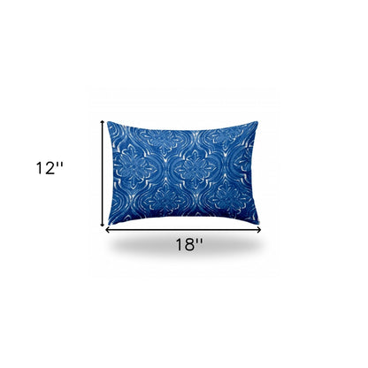 12" X 16" Blue And White Blown Seam Ikat Lumbar Indoor Outdoor Pillow