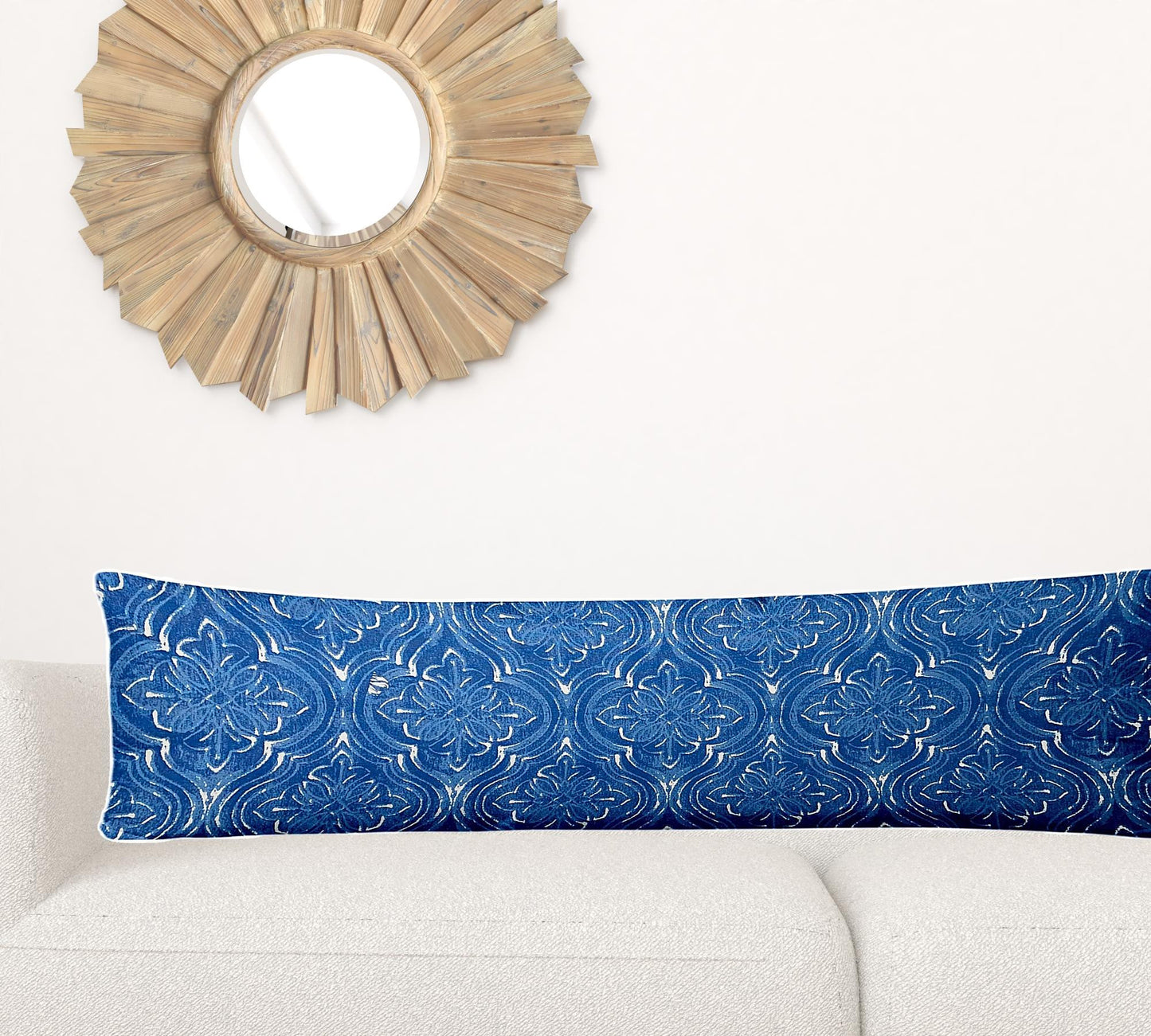 12" X 16" Blue And White Blown Seam Ikat Lumbar Indoor Outdoor Pillow