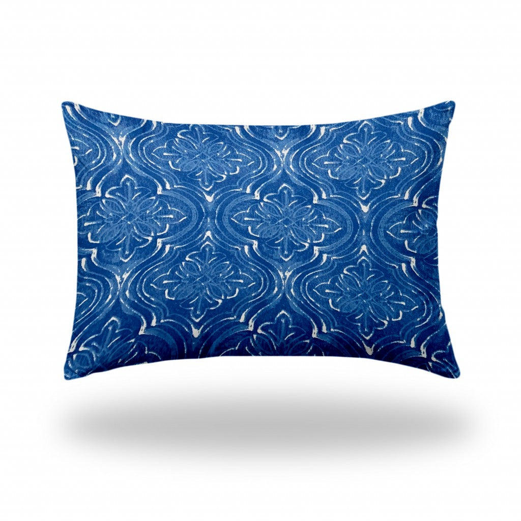 12" X 16" Blue And White Blown Seam Ikat Lumbar Indoor Outdoor Pillow