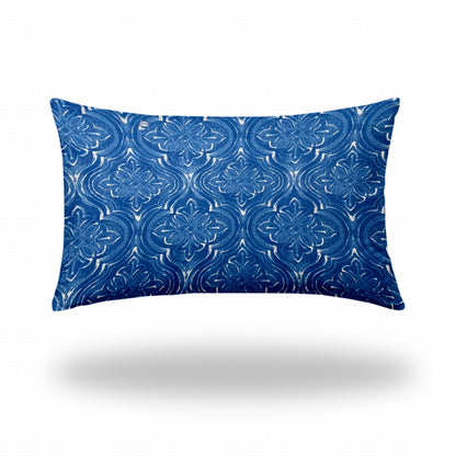 12" X 16" Blue And White Blown Seam Ikat Lumbar Indoor Outdoor Pillow