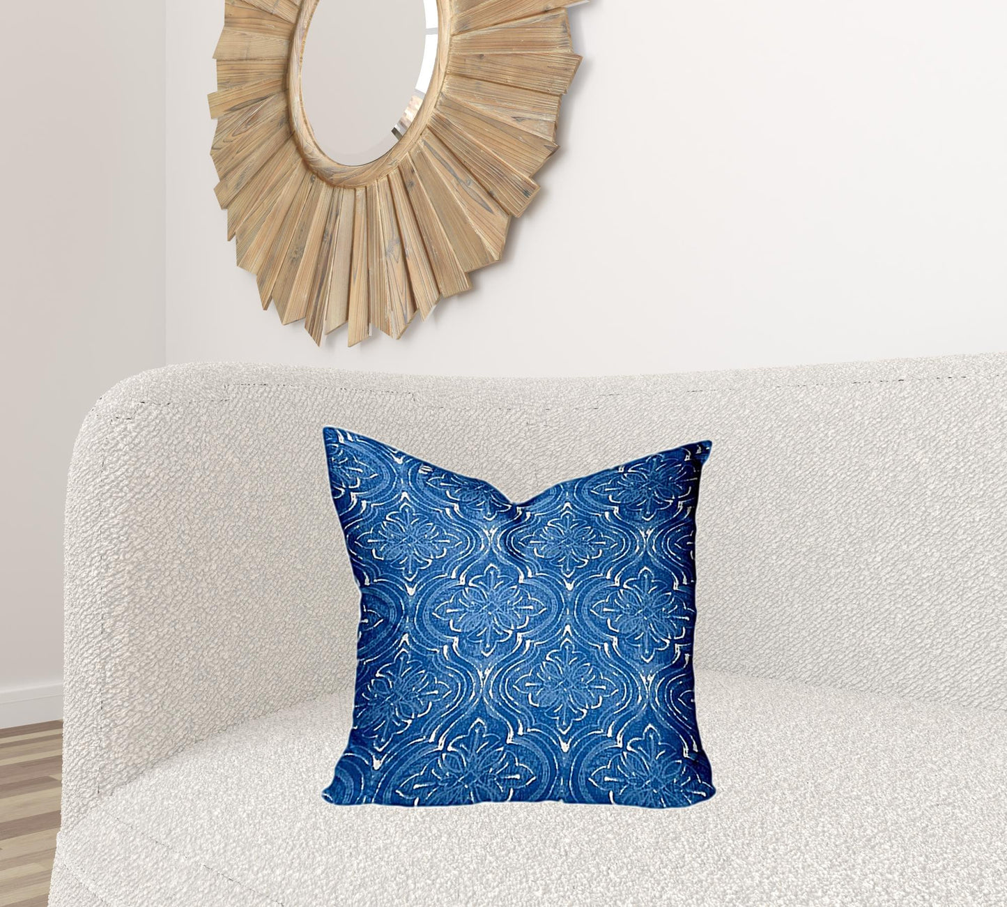 12" X 16" Blue And White Blown Seam Ikat Lumbar Indoor Outdoor Pillow