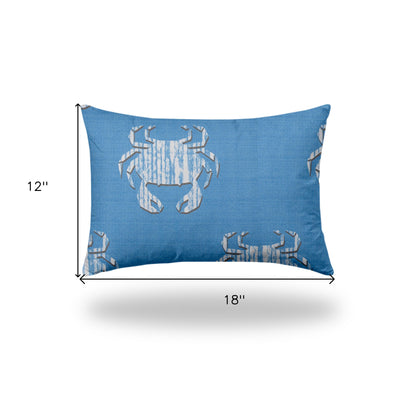 12" X 16" Blue And White Crab Blown Seam Coastal Lumbar Indoor Outdoor Pillow