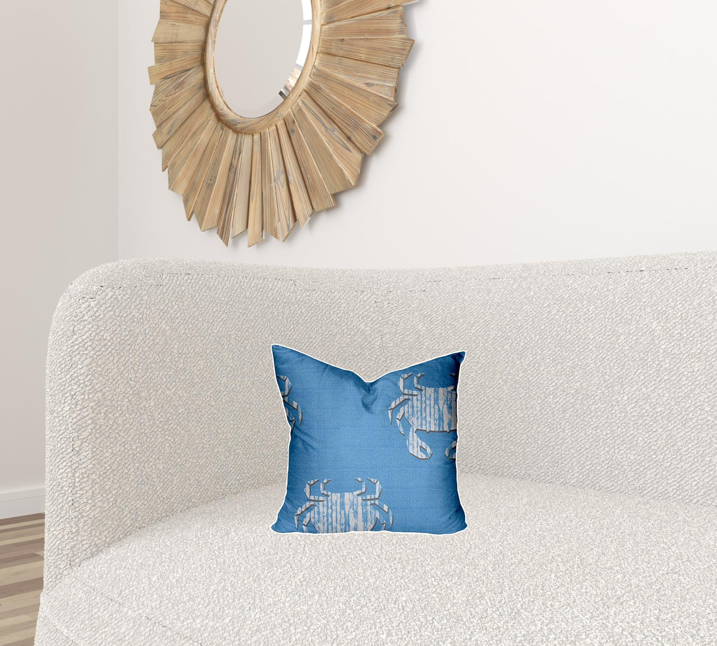 14" X 14" Blue And White Crab Enveloped Coastal Throw Indoor Outdoor Pillow