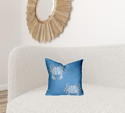 12" X 16" Blue And White Crab Blown Seam Coastal Lumbar Indoor Outdoor Pillow